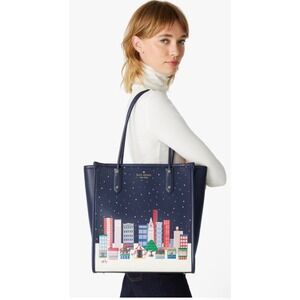 Kate Spade New York Tote Bag Navy Leather Cityscape Print Gold Accents